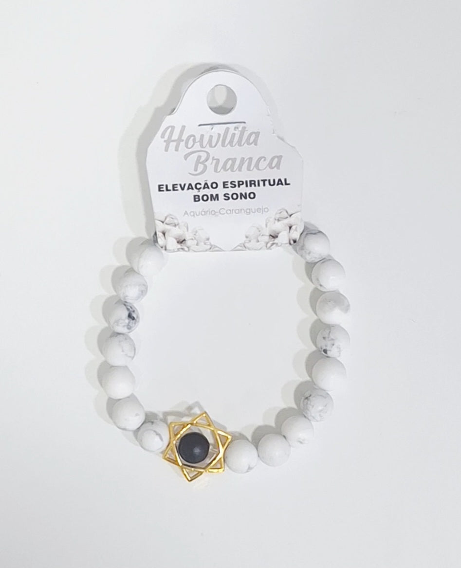 Pulseira com pedra natural Howlita branca com Estrela de Davi