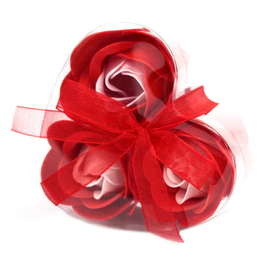 Conjunto de 3 flores de sabonete em caixa em formato de coração - Rosas vermelhas