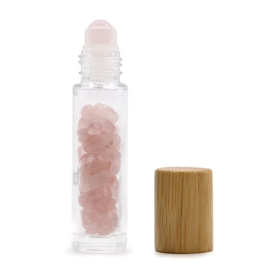 1 Frasco Roll-on para Óleo Essencial com Pedra Preciosa Quartzo Rosa - Tampa de Madeira