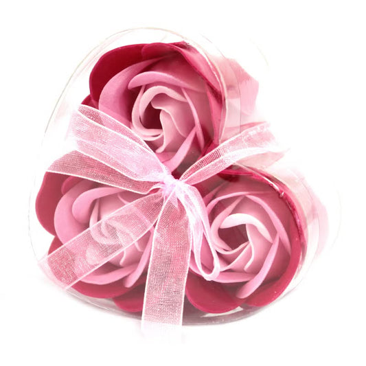 Conjunto de 3 Flores de Sabonete em Caixa de Coração - Rosas Cor-de-Rosa