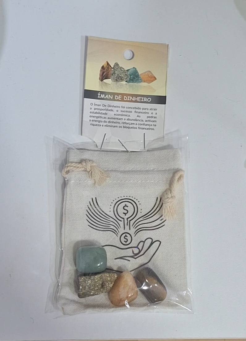 Bolsa com pedras naturais e saco de tecido - Íman de Dinheiro