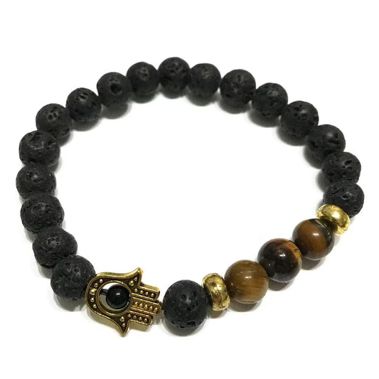 1x Pulseira Pedra Vulcânica - Hamsa - Olho de Tigre