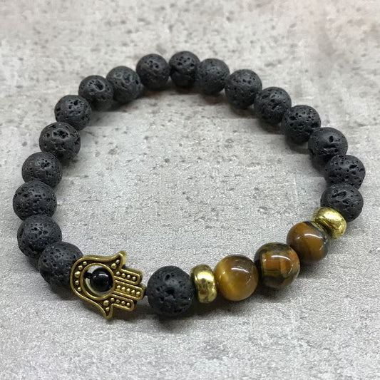 1x Pulseira Pedra Vulcânica - Hamsa - Olho de Tigre
