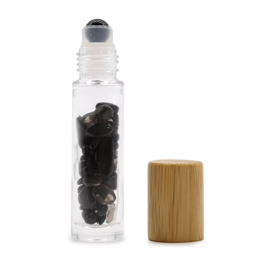 1 Frasco Roll-on para Óleo Essencial de Pedra Preciosa - Turmalina Negra - Tampa de madeira