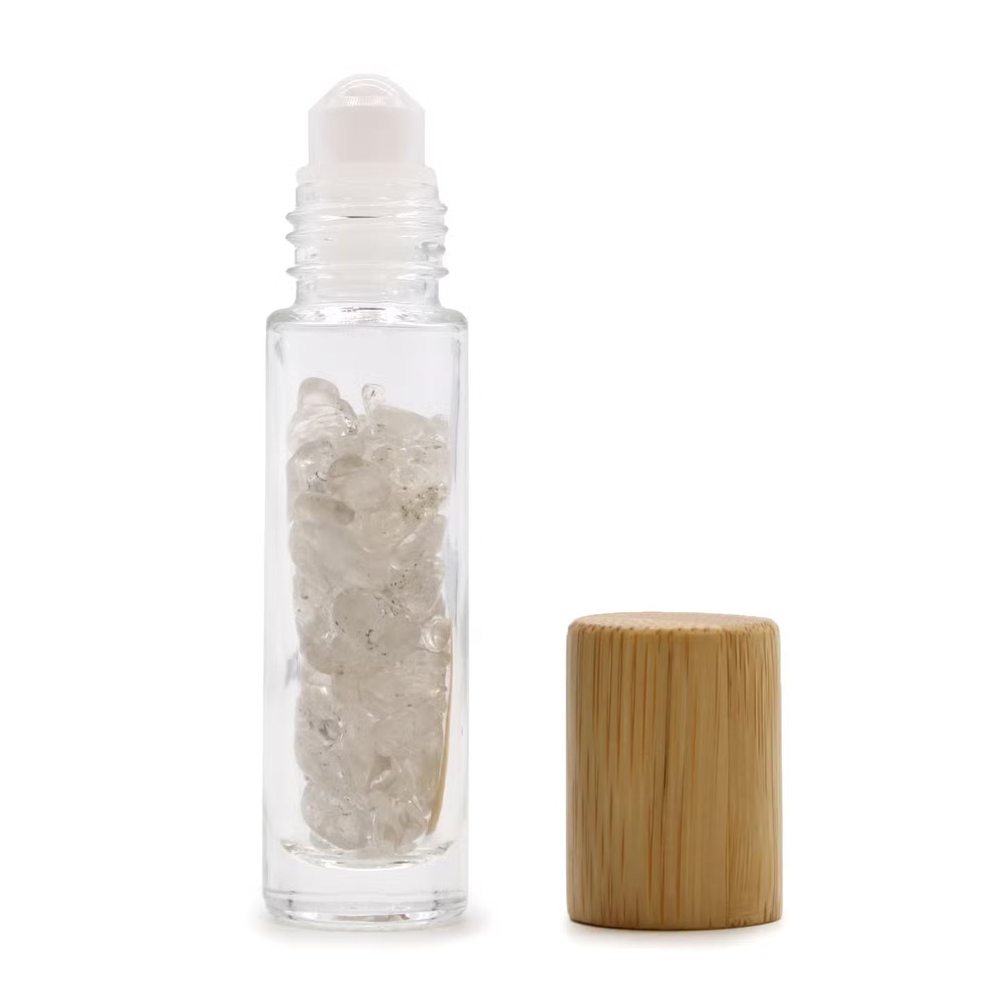 1 Frasco Roll-on para Óleo Essencial com Pedra Preciosa - Quartzo Branco - Tampa de Madeira